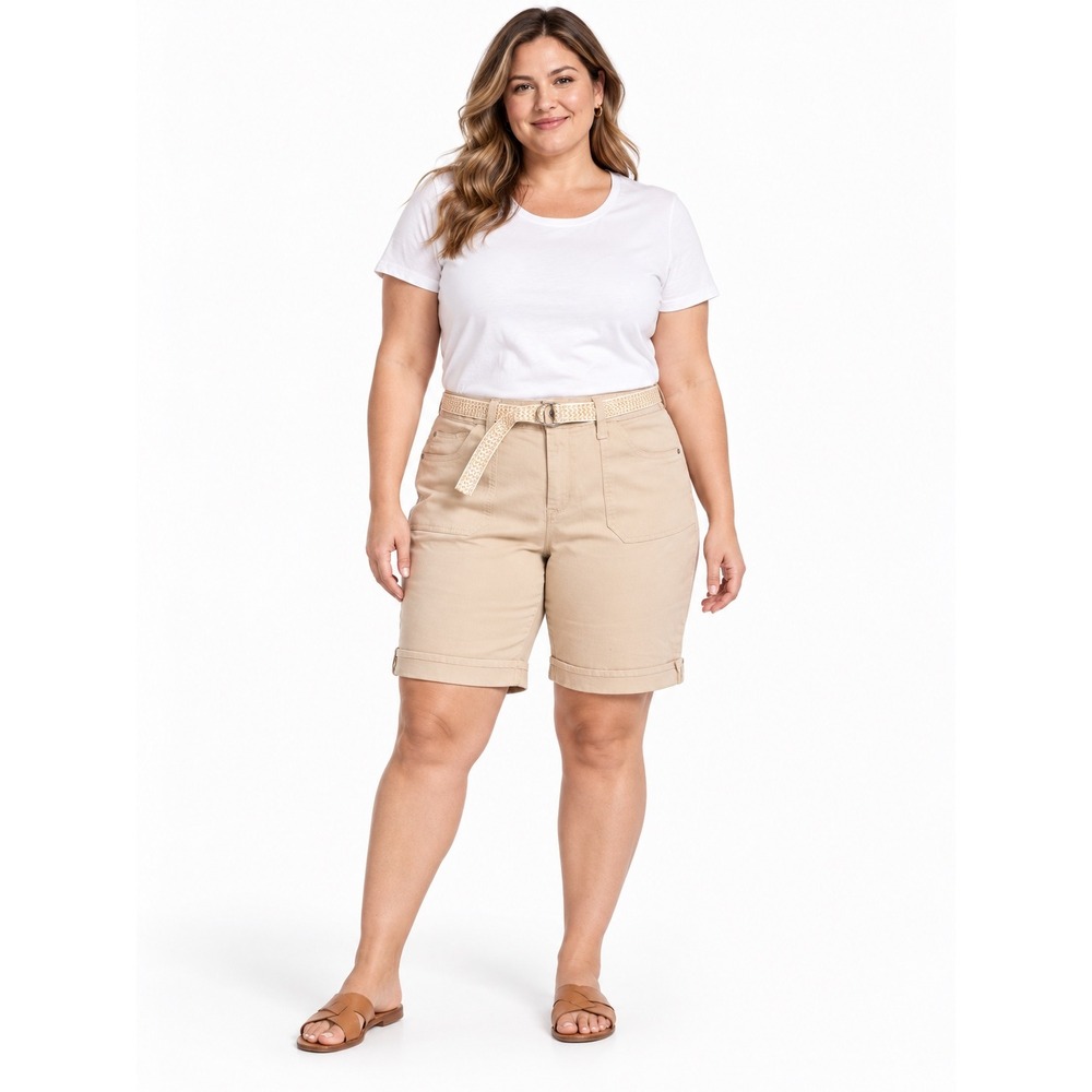 NWT Gloria Vanderbilt Mia Belted Bermuda Shorts Stonewood Tan Size 16 Slimming